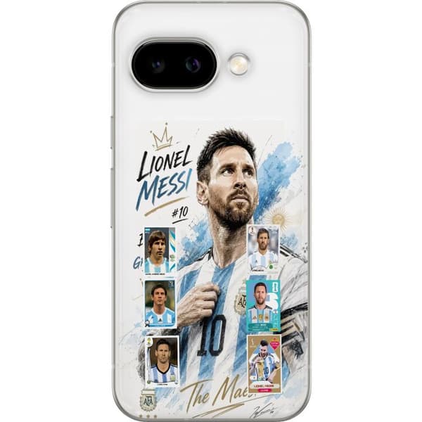 Kompatibelt Mobildeksel til Google Pixel 9a Lionel Messi med argentinske farger og klassiske samleobjektkort i collage blå