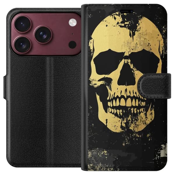 Kompatibel Tegnebogsetui til Apple iPhone 18 Pro Stor gul dødningehoved i slidt grungestil mod sort baggrund sort