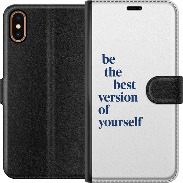 Kompatibel Tegnebogsetui til Apple iPhone X Motiverende citat Vær den bedste version af dig selv i mørkeblå tekst på hvid baggrund hvid