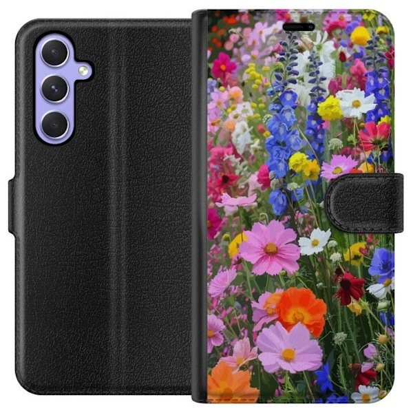 Samsung Galaxy A54 Lompakkokotelo Kukkakuvioinen mobiilikuori kesäisellä niityllä ja luontomaisemalla