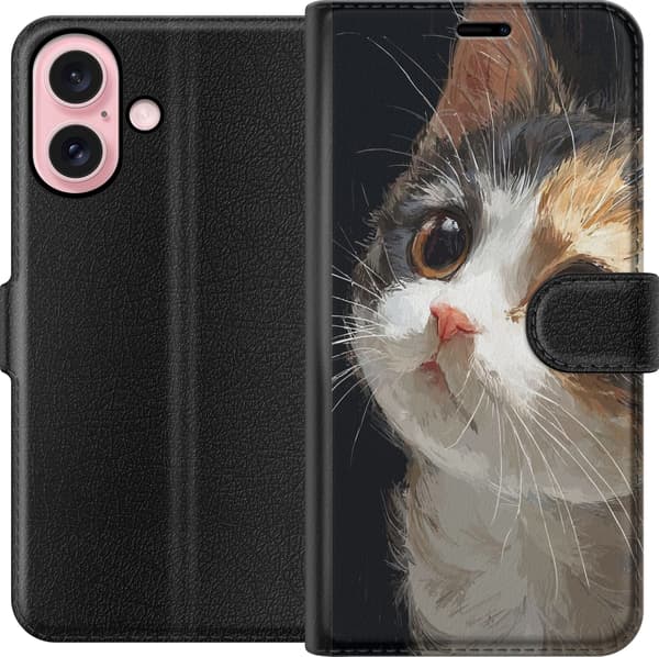 Kompatibel Tegnebogsetui til Apple iPhone 16 Kunstnerisk portræt af trefarvet kat med store brune øjne mod sort baggrund sort