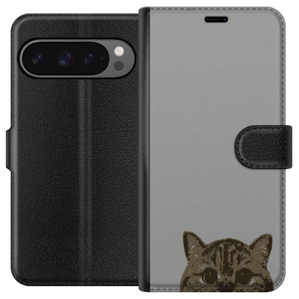 Google Pixel 9 Pro XL Plånboksfodral Grå Kattblick – stilren kattdesign med grå bakgrund