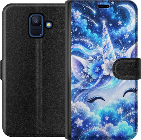 Kompatibel Tegnebogsetui til Samsung Galaxy A6 (2018) Stjernehorn – Enhjørningsansigt og blomster i blå nuancer. Et dekorativt motiv med tydelige for blå