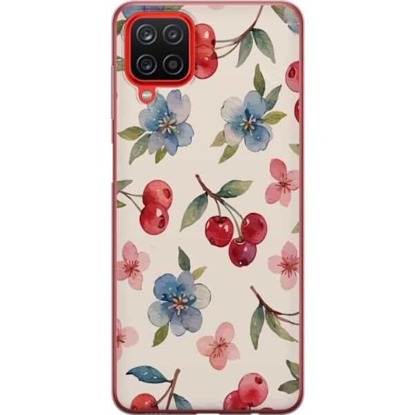 Samsung Galaxy A12 Genomskinligt Skal Bär & Blommor – mönster med blå blommor och skogsbär