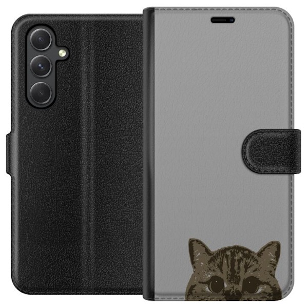 Samsung Galaxy A15 5G Plånboksfodral Grå Kattblick – stilren kattdesign med grå bakgrund