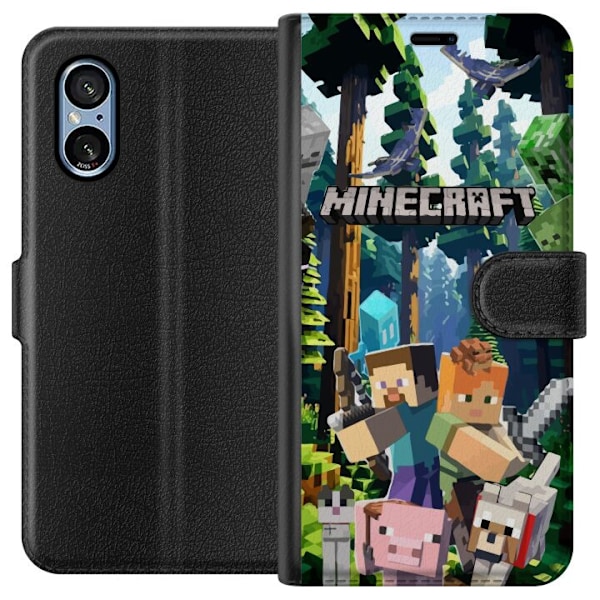 Sony Xperia 5 V Tegnebogsetui Minecraft mobiltelefon dækning med skov og pixel karakterer