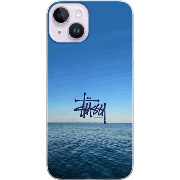 Kompatibelt Mobildeksel til Apple iPhone 14 Plus Havspanorama med blå himmel og stilig surf-inspirert logo blå
