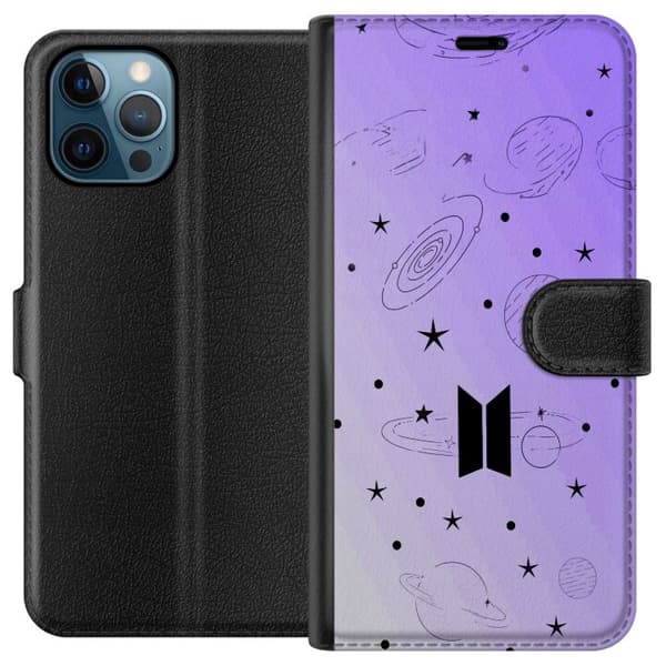 Kompatibelt Plånboksfodral till Apple iPhone 12 Pro BTS-logotyp omgiven av planeter, stjärnor och galaxillustrationer lila