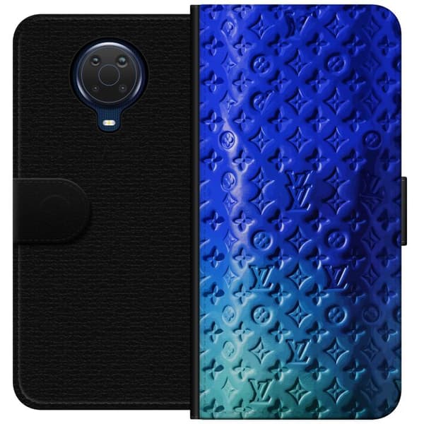 Kompatibelt Lommeboketui til Nokia G20 Blått luksuriøst monogrammønster med elegant preget tekstur blå