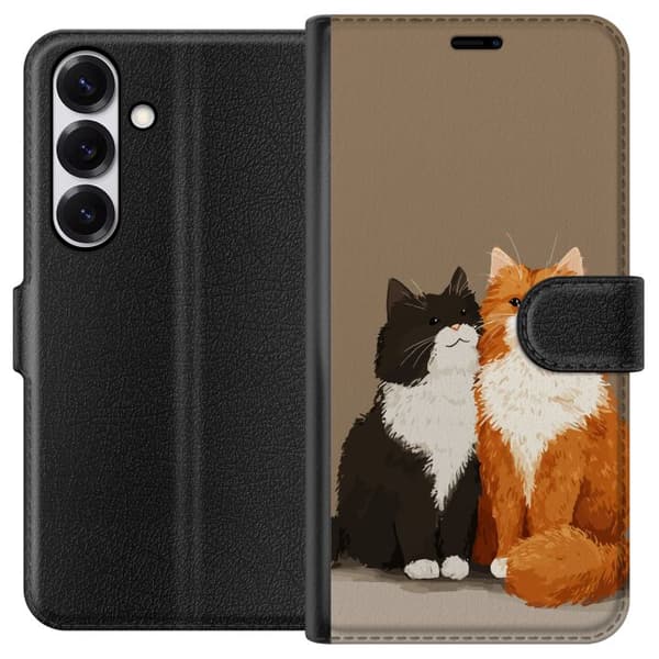 Kompatibel Tegnebogsetui til Samsung Galaxy S25 Illustrerede sort-hvide og orange-hvide katte sammen mod brun baggrund brun