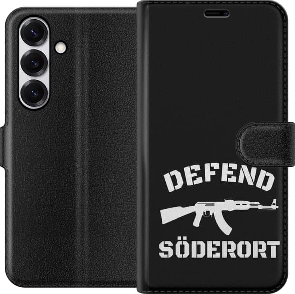 Kompatibel Tegnebogsetui til Samsung Galaxy S25 Sort Söderort - hvidt områdeslogan og hvid våbensilhuet på sort baggrund sort