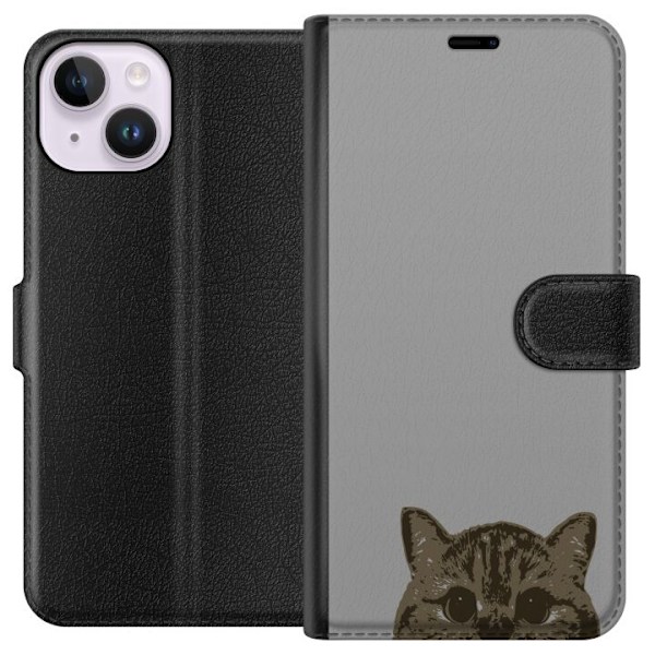 Apple iPhone 14 Plånboksfodral Grå Kattblick – stilren kattdesign med grå bakgrund
