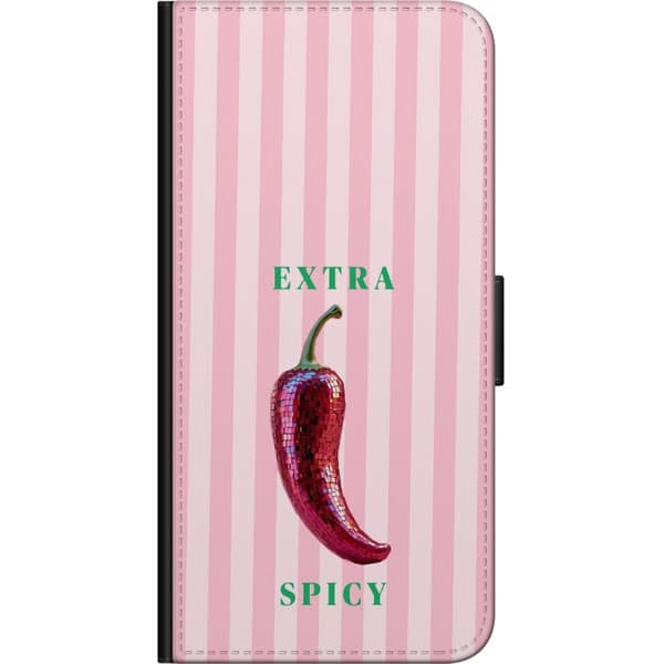 Kompatibel Tegnebogsetui til Samsung Galaxy Note 10 Lite Lyserød glitrende chili med teksten Extra Spicy og stribet lyserød baggrund, legende og farv pink