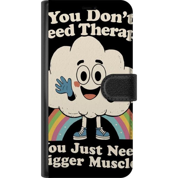 Kompatibel Tegnebogsetui til Apple iPhone 16 Plus Sort motiv med tegnet sky, regnbue og humoristisk citat om terapi og muskler sort