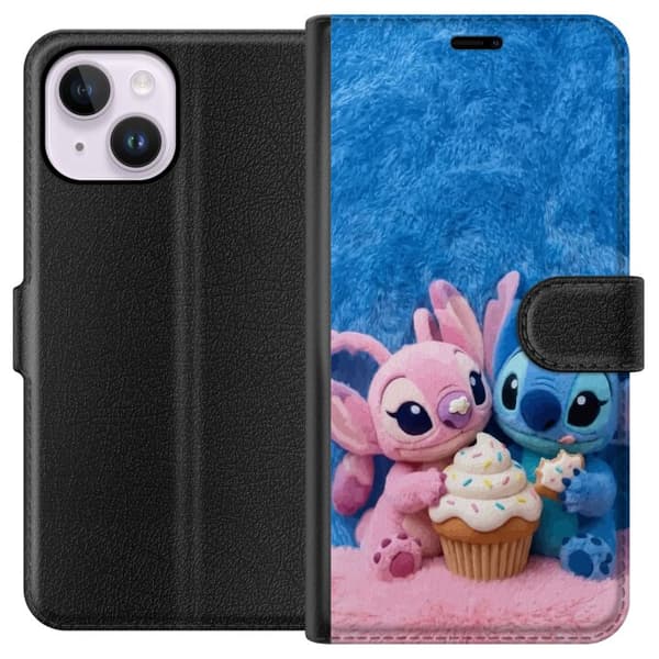 Kompatibel Tegnebogsetui til Apple iPhone 15 Plus Søde blå og lyserøde figurer med stor cupcake og krymmel pink