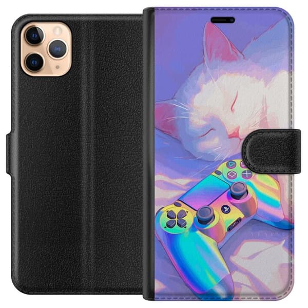 Kompatibel Tegnebogsetui til Apple iPhone 11 Pro Max Drømmerig kat ved siden af en farverig spillecontroller i bløde neonfarver og gamingtema. lilla