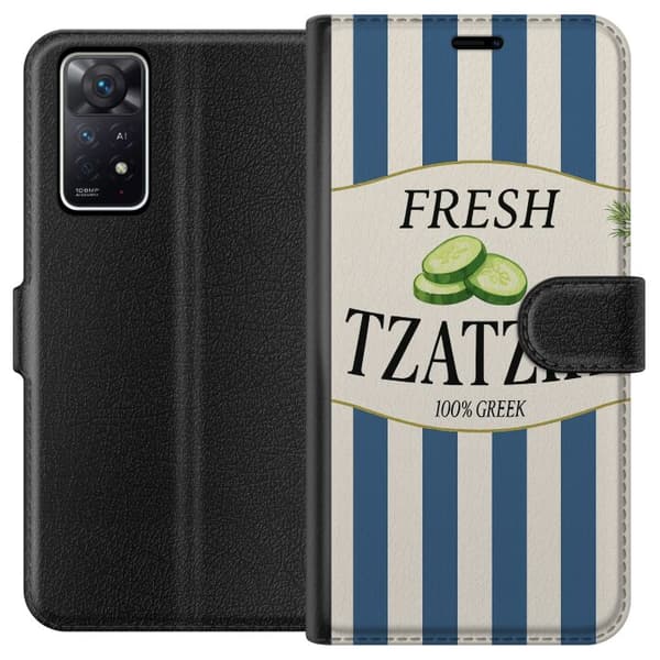 Kompatibelt Lommeboketui til Xiaomi Redmi Note 11 Pro 5G Tzatziki gresk matplakat agurk yoghurtdipp blåhvite striper kjøkkendekor retro illustrasjon