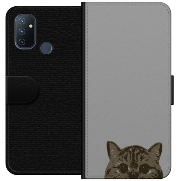 OnePlus Nord N100 Plånboksfodral Grå Kattblick – stilren kattdesign med grå bakgrund