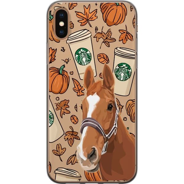 Kompatibelt Mobildeksel til Apple iPhone X Illustrert hest blant gresskar, kaffekrus og oransje høstløv brun