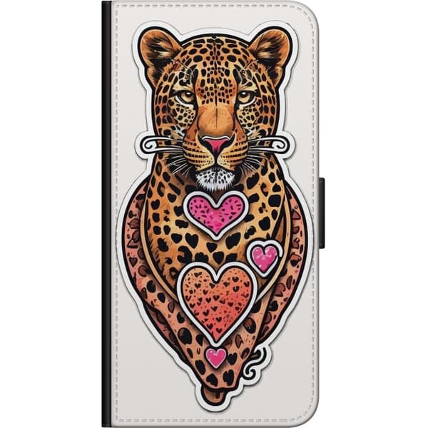 Kompatibel Tegnebogsetui til Samsung Galaxy Note20 Illustreret leopard med lyserøde og orange hjerter, sorte pletter og dekorative detaljer orange