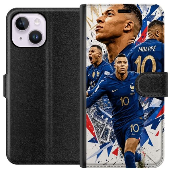 Kompatibel Tegnebogsetui til Apple iPhone 14 Plus Kylian Mbappé i dynamisk fodboldcollage med blå, hvide og røde detaljer blå
