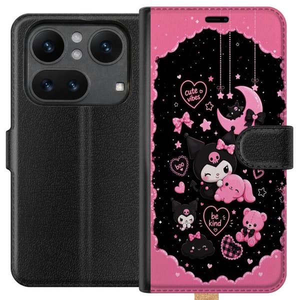 Kompatibel Tegnebogsetui til Nothing Phone (4a) Søde lyserøde og sorte gothfigurer med hjerter, måne, stjerner og positiv tekst sort