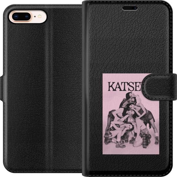 Kompatibel Tegnebogsetui til Apple iPhone 8 Plus Katseye lyserødt gruppeportræt med seks medlemmer og sort tekst pink