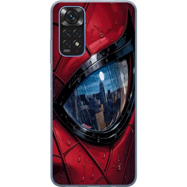 Kompatibelt Mobildeksel til Xiaomi Redmi Note 11 Nærbilde av Spider-Man-maske med regndråper og byrefleksjon i øyet rød