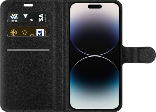 Kompatibel Tegnebogsetui til Apple iPhone 14 Pro Max Blå rumfigurer med store ører og lyserøde detaljer på hvid baggrund med blå ramme blå