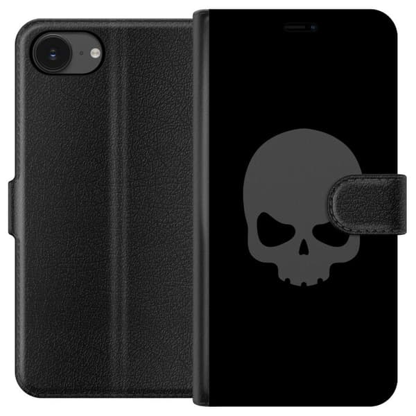 Kompatibel Tegnebogsetui til Apple iPhone 16e Enkel dødningehoved i grå tone mod sort baggrund, elegant og moderne design