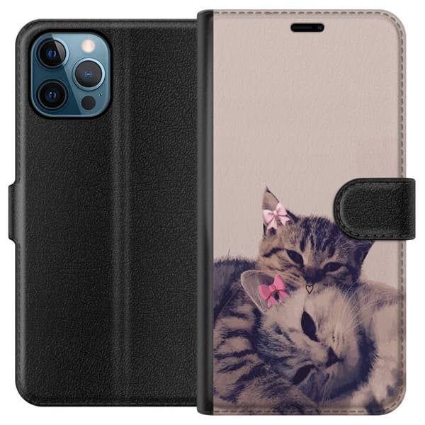 Kompatibel Tegnebogsetui til Apple iPhone 12 Pro Max Hyggelig illustration af to søde katte med lyserøde sløjfer pink