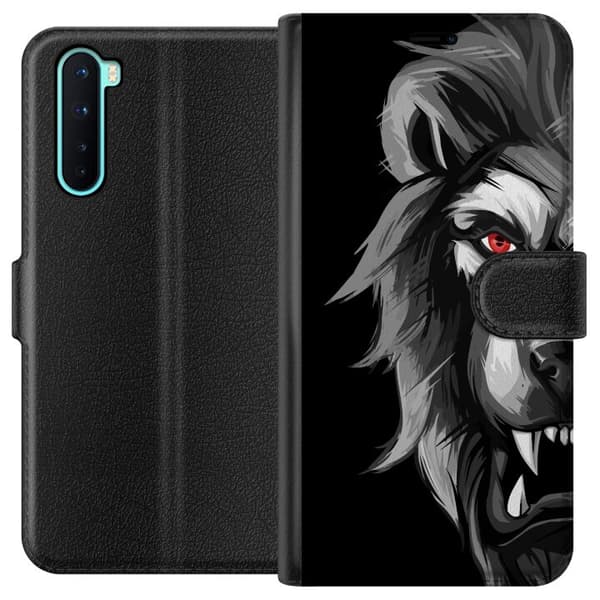 Kompatibel Tegnebogsetui til OnePlus Nord Dramatisk sort-hvid ulv med et intenst rødt øje mod sort baggrund sort
