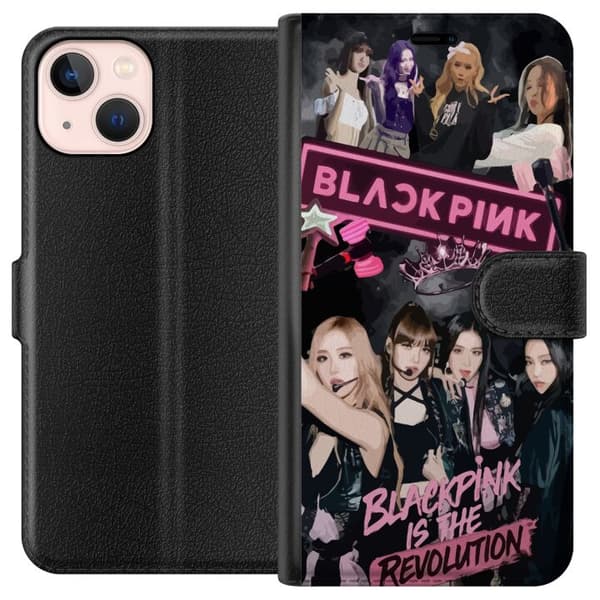 Kompatibel Tegnebogsetui til Apple iPhone 13 mini BLACKPINK-collage med scenebilleder, krone, lysstave og teksten Blackpink Is The Revolution i en mø