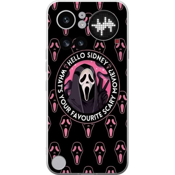 Kompatibel Mobilcover til Nothing Phone 4a Pro Sort og rosa skrækmotiv med maskerede figurer og teksten Hello Sidney sort