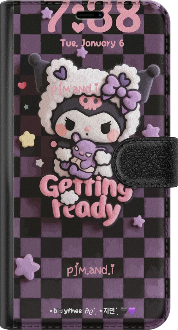 Kompatibel Tegnebogsetui til Huawei P20 Pro Kuromi med lyserød ”Getting Ready”-tekst, hjerter og lilla tern lilla