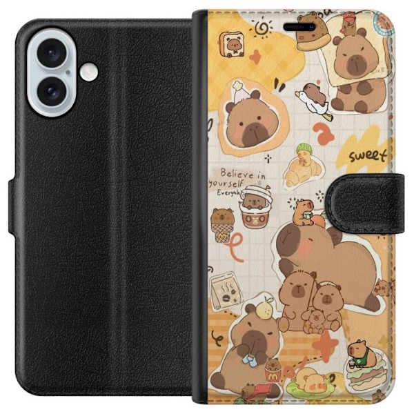 Apple iPhone 16 Plus Plånboksfodral Kawaii capybara mobilskal med gulliga djurmotiv
