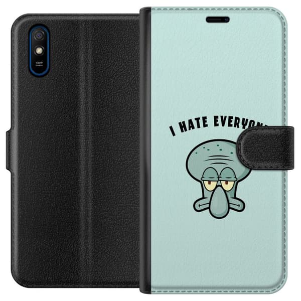 Kompatibel Tegnebogsetui til Xiaomi Redmi 9A Tegnet utilfreds blækspruttefigur med teksten I Hate Everyone på lyse turkis baggrund blå