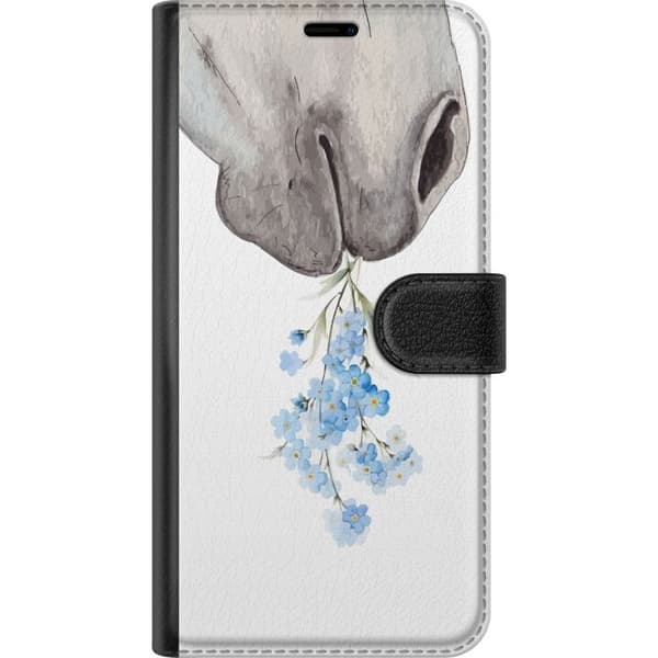 Kompatibel Tegnebogsetui til Apple iPhone 11 Pro Illustreret grå hestesnude, der holder en buket små blå blomster mod hvid baggrund hvid