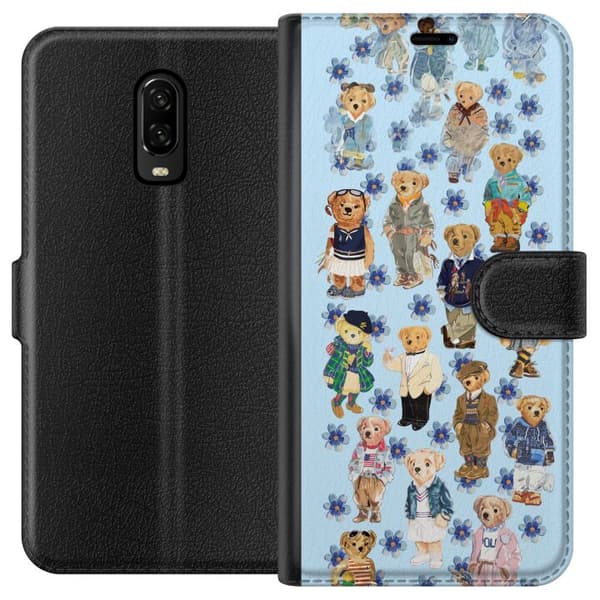Kompatibel Tegnebogsetui til OnePlus 6T Søde bamser i trendy tøj med blå blomster blå