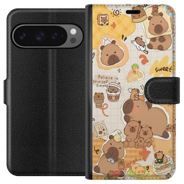 Google Pixel 9 Pro XL Plånboksfodral Kawaii capybara mobilskal med gulliga djurmotiv