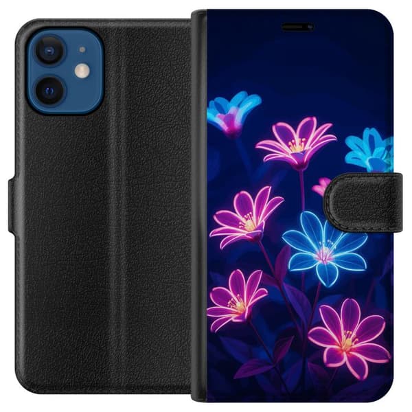 Kompatibel Tegnebogsetui til Apple iPhone 12 mini Blåt og lyserødt motiv med lysende neonblomster mod mørk baggrund blå