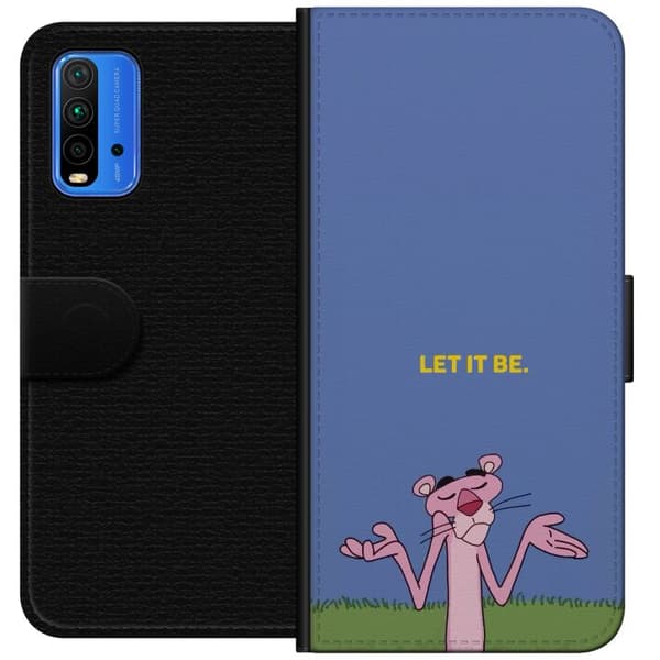 Kompatibel Tegnebogsetui til Xiaomi Redmi Note 9 4G Lyserød tegnet panter, der trækker på skuldrene under det gule citat Let It Be mod en blød blå ba blå