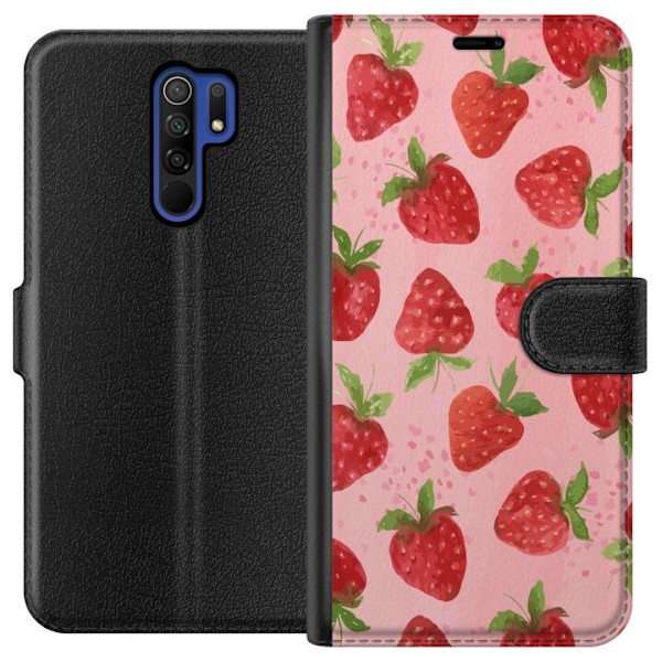 Xiaomi Redmi 9 Plånboksfodral Strawberry Dreams – jordgubbsmönster i retrostil