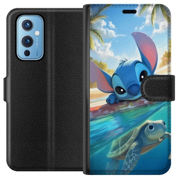 OnePlus 9 Plånboksfodral Stitch med sköldpadda – söt blå alien i tropisk strandmiljö från Disney