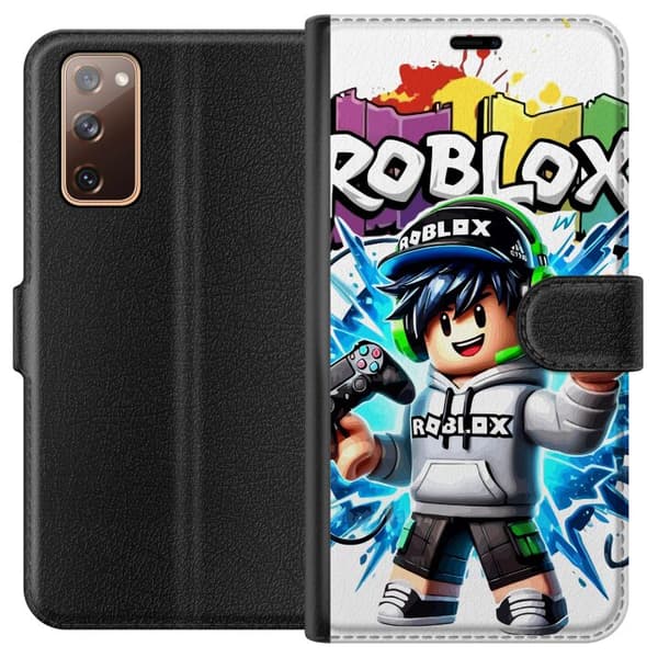 Kompatibel Tegnebogsetui til Samsung Galaxy S20 FE Roblox-spilkarakter med headset og controller foran farvestænk