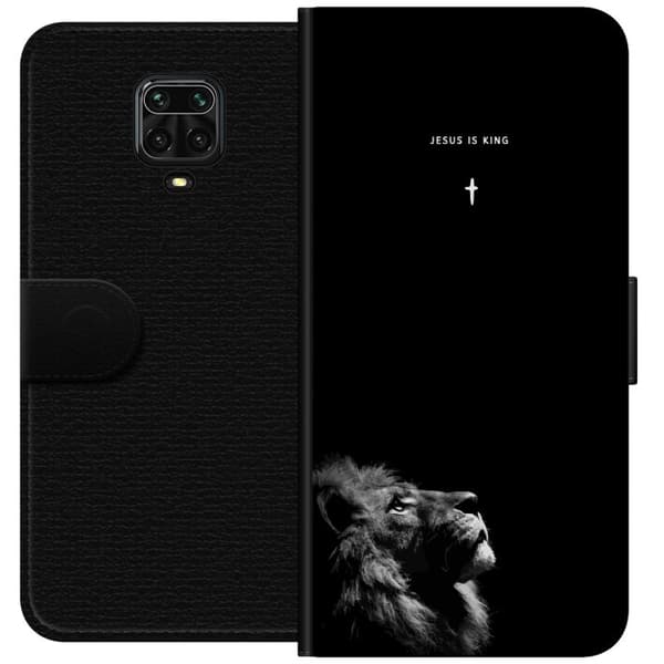 Kompatibel Tegnebogsetui til Xiaomi Redmi Note 9 Pro Lejon med Jesus is King citat sort