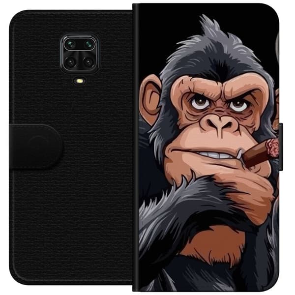 Kompatibel Tegnebogsetui til Xiaomi Redmi Note 9 Pro Illustreret chimpanse med cigar, der viser langfingeren mod sort baggrund sort