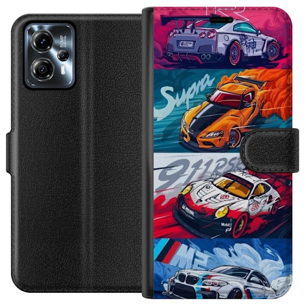 Motorola Moto G13 Lompakkokotelo Nopeat Autot - Piirretty Kuvio Toiminnalla