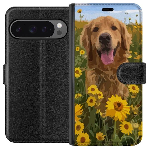 Google Pixel 9 Pro XL Lompakkokotelo Kultainennoutaja Auringonkukkapelto Koiramotiivi Luonto Kesä Suunnittelu Suosittu Koirarotu Perheen suosikki