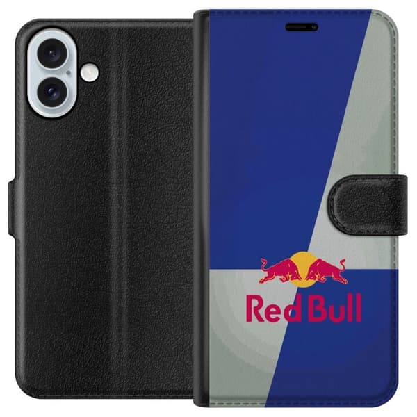 Kompatibel Tegnebogsetui til Apple iPhone 16 Plus Minimalistisk Red Bull-logo med blå og grå baggrund blå